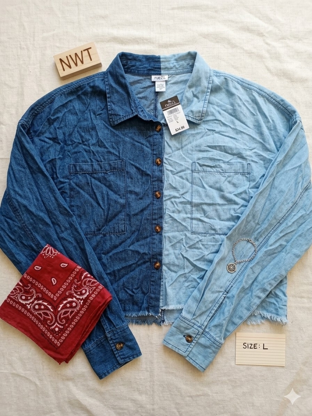 Rue21 Colorblock Two-Tone Denim Shirt Jacket in Dark Blue & Light Blue